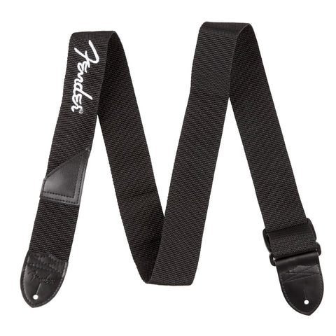 FENDER BLACK POLYESTER GUITAR STRAP WHITE LOGO.