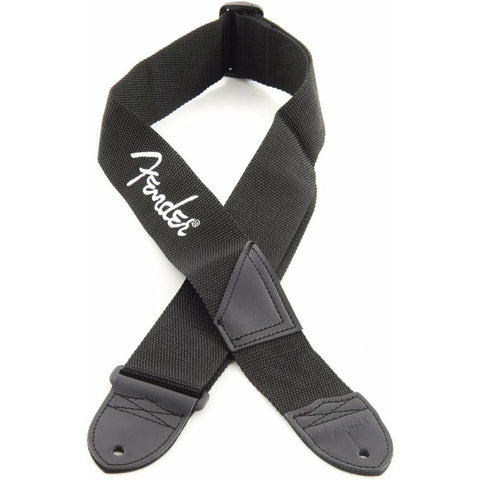 FENDER BLACK POLYESTER GUITAR STRAP WHITE LOGO.