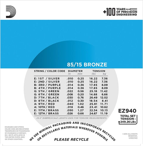 D'ADDARIO ACOUSTIC GUITAR STRING SET CALIBER 10/50 EZ940.