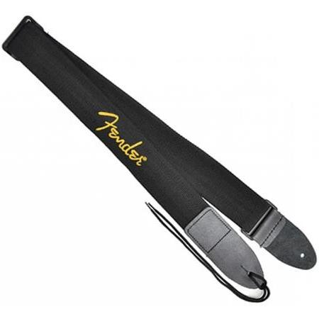 FENDER BLACK POLYESTER GUITAR STRAP YELLOW LOGO.