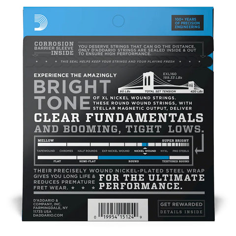 Set De 4 Cuerdas Para Bajo D’Addario Calibre 50/105 Exl160