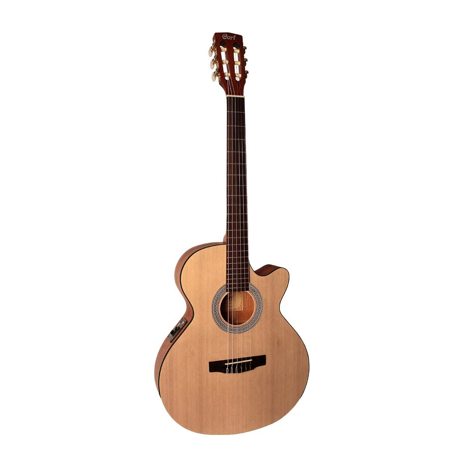 CORT ELECTROACOUSTIC GUITAR WITH NATURAL CEC1 NYLON STRINGS WITH CASE. 