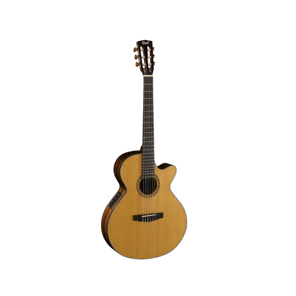 CORT ELECTROACOUSTIC GUITAR WITH NATURAL CEC7 NYLON STRINGS.
